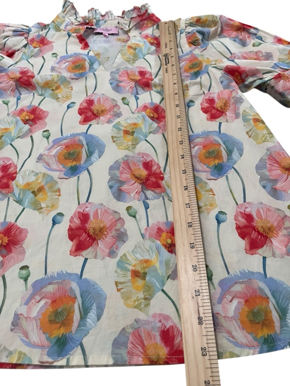 Entro Floral Poppy Ruffle Neck Puff Sleeve Blouse Size Small - Picture 10 of 13